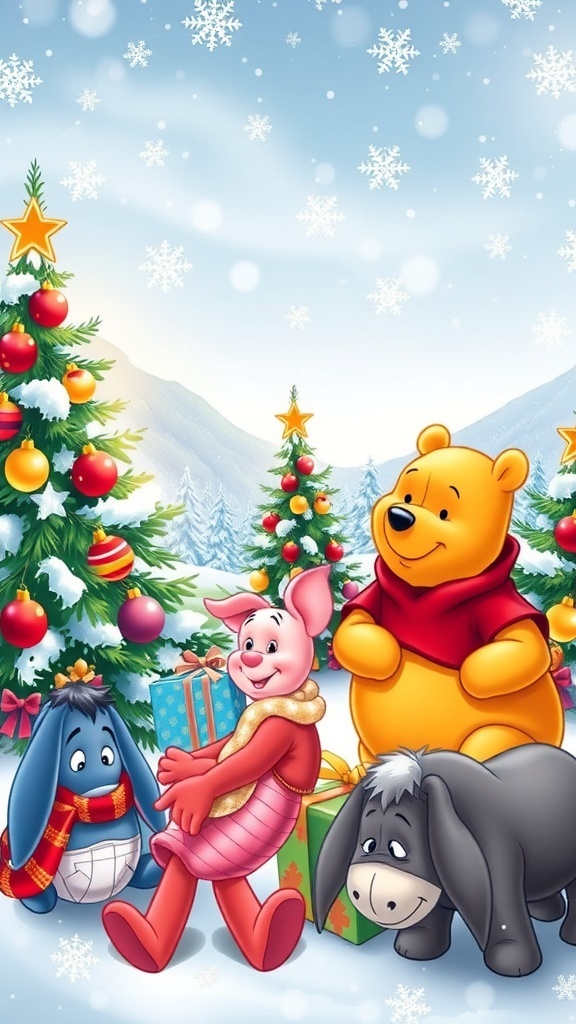 Winnie the Pooh and friends celebrating Christmas with snowflakes and Christmas trees in a colorful wallpaper design.